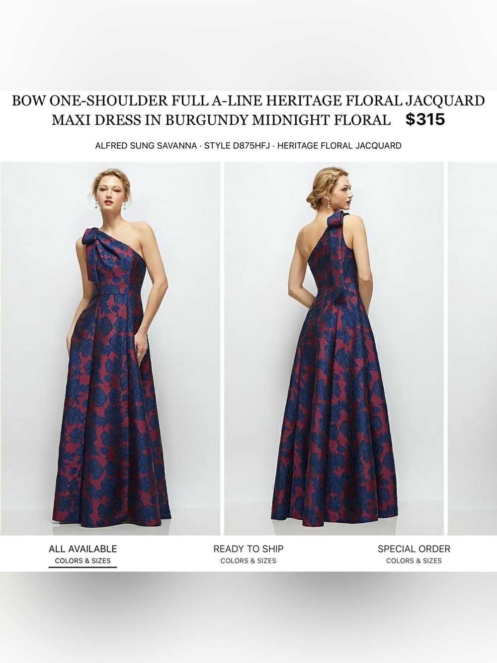 ALFRED SUNG One-Shoulder Floral Jacquard Maxi Dress in Burgundy and Midnight
